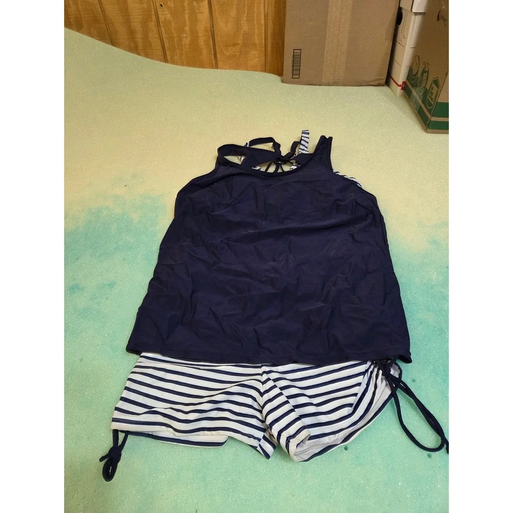 Womens 3‎ Piece Swimsuit Set Navy White Striped Tankini Bikini Shorts